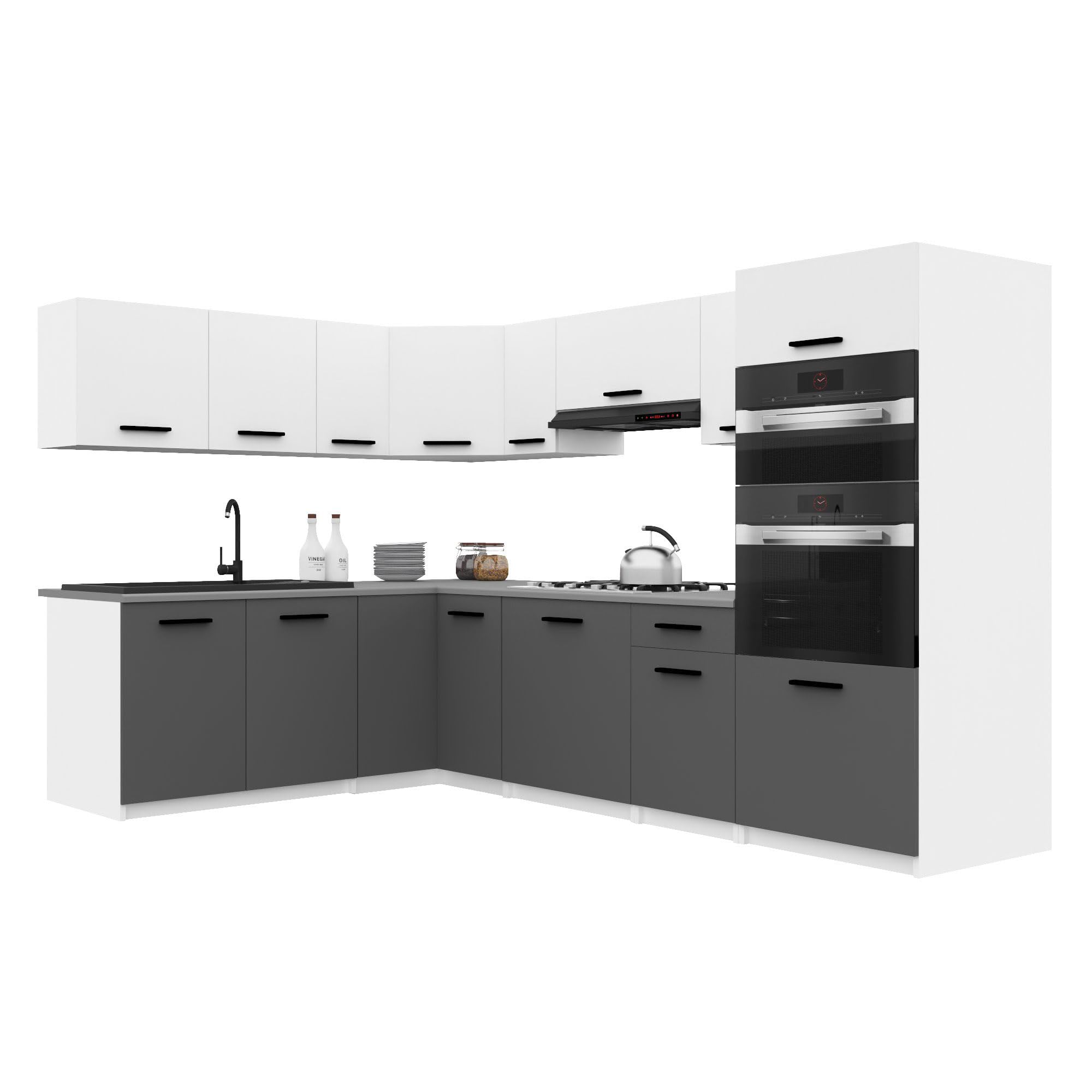 Belini Italia 8 Meuble Cuisine d'angle 420cm Blanc-Gris Mat | Cuisine complète, meubles hauts et bas inclus, montage facile