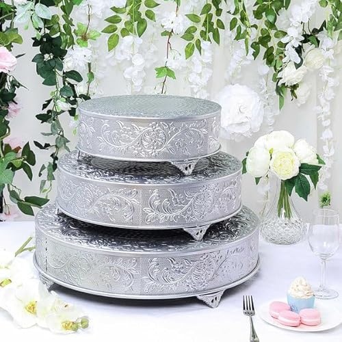Efavormart 22” Silver Embossed Round Cake Plateau, Metal Cake Stand Cake Riser Wedding Birthday Party Dessert Display Plate Cake Pedestal #TOP2