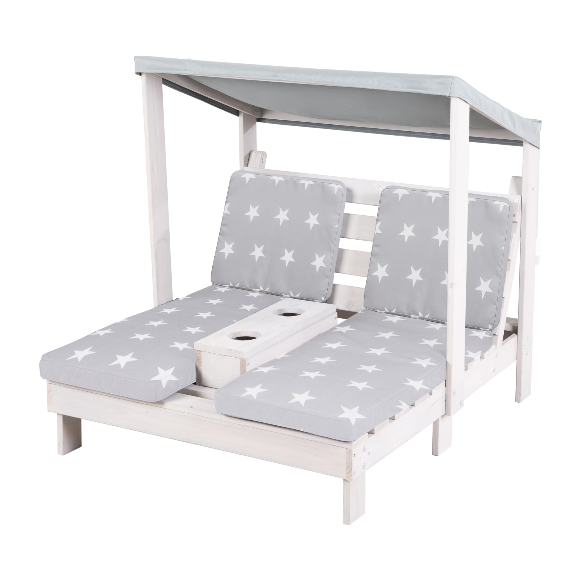 roba Double Chaise Longue pour Enfants avec Coussins Little Stars Déhoussables - Porte Gobelet et Pare-Soleil - Supporte Jusqu'à 100 kg - Bois Gris Résistant aux Intempéries