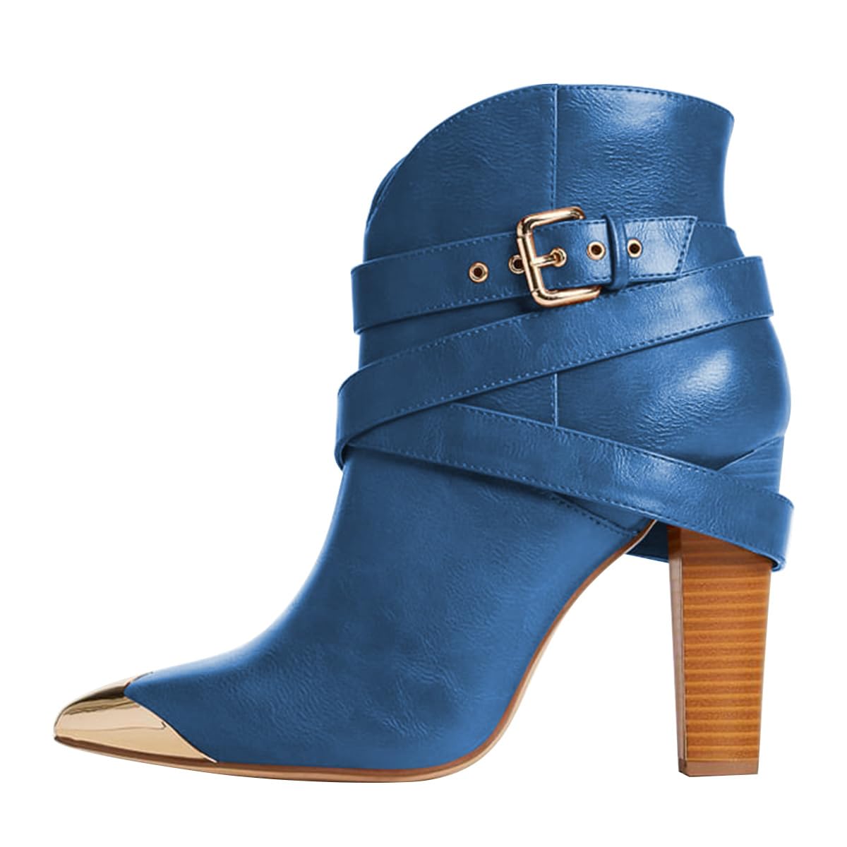 FOWT Women Metal Pointed Cap Toe Ankle Boots Block High Heel Cowboy Booties Lace up Strap Fashion Shoes
