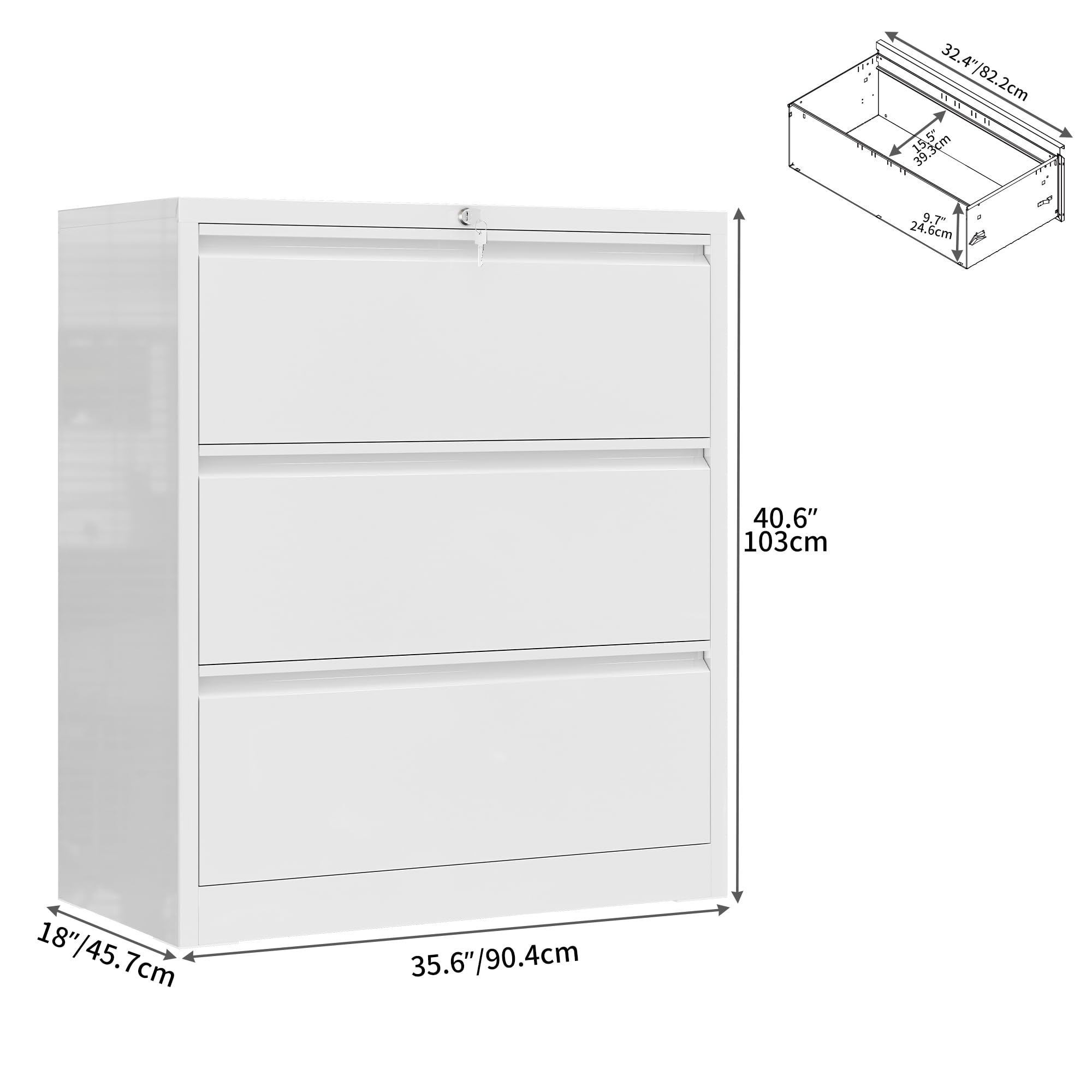 YITAHOME 3 Schubladen Aktenschränke mit Schloss, Metall-Edelstahl-Schrank für A4-Formate, Büro-Organisationsschrank, weiß, 103x90x46cm