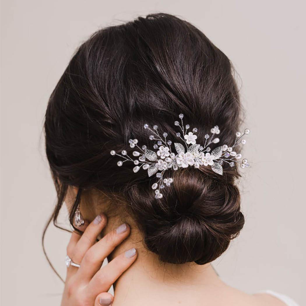 Peines para el pelo de boda con flores, tocado de novia de cristal, accesorios para el cabello para mujeres y niñas (plateado)