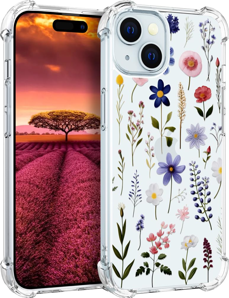Topgraph Compatible with iPhone 15 Plus Case Designer Cute Clear for Women,Cool Transparent Silicone Phone Cases Cover - Blue Blooming Wild Flowers