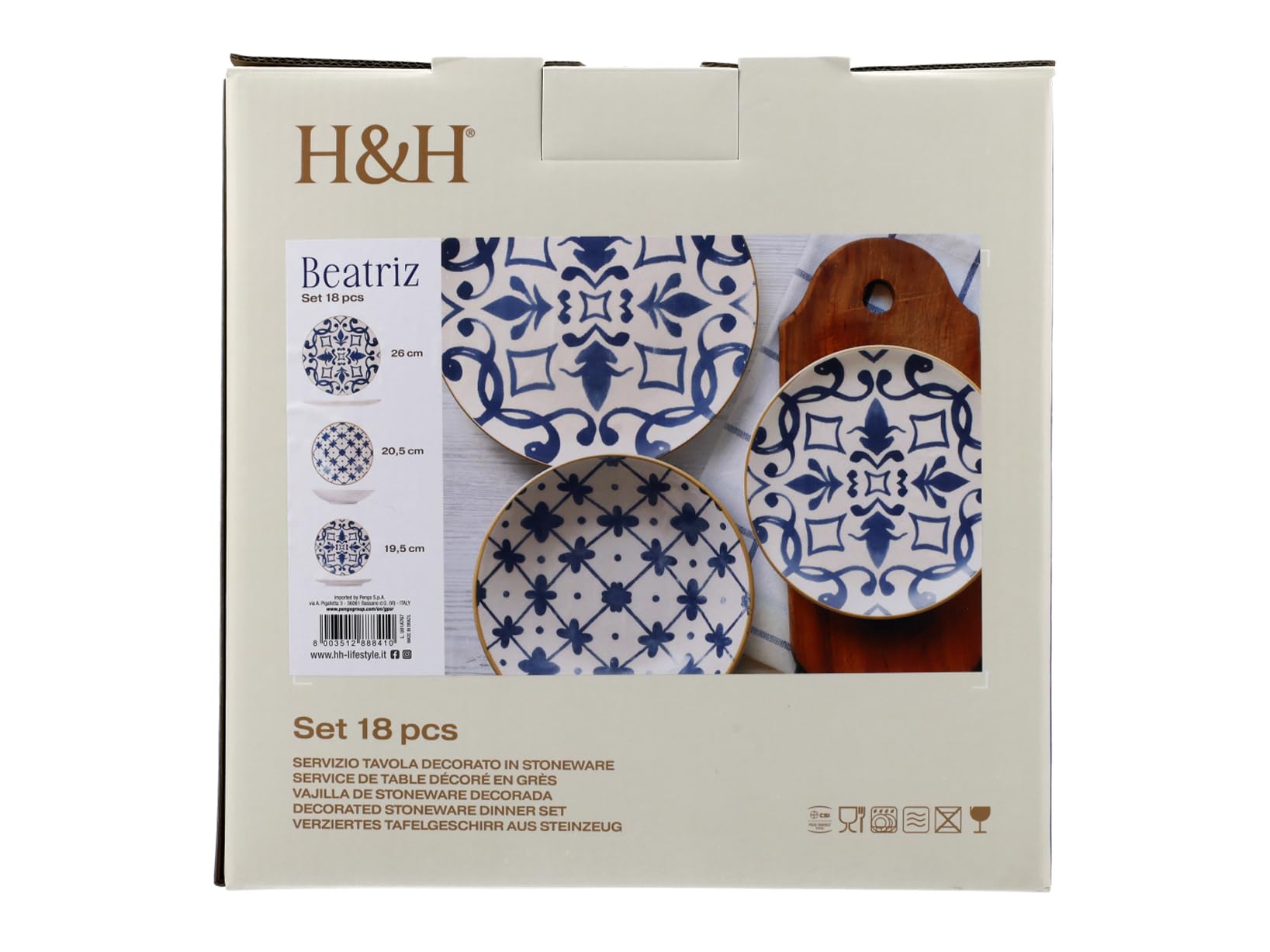 H&H Beatriz Servizio Tavola 18 Pezzi in Stoneware Decorato, Set Piatti Completo per 6 Persone, Design Blu con Motivi Floreali e Geometrici Ispirato alle Maioliche Mediterranee
