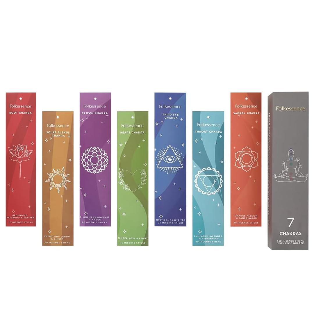 Folkulture Women's 7 Chakras Incense Stick For Home | Set Of 7 Organic Insenses (140) Insence-Sticks For Relaxation With 60 Minute Burn Time | Frankincense, Sage & Tea, Lavender & Peppermint | Non-Toxic Inscents-Sticks