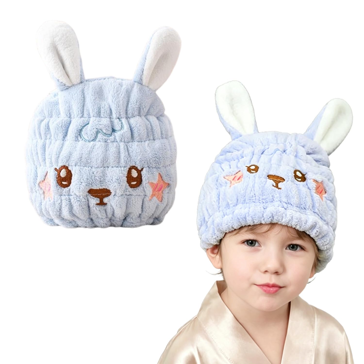 IGXX 1 Pack Kids Microfibre Hair Towel Wrap, Quick-Dry Cute Rabbit Turban Cap, Super Absorbent Anti-Frizz, Soft Bath Shower Accessory for Baby Girls Boys