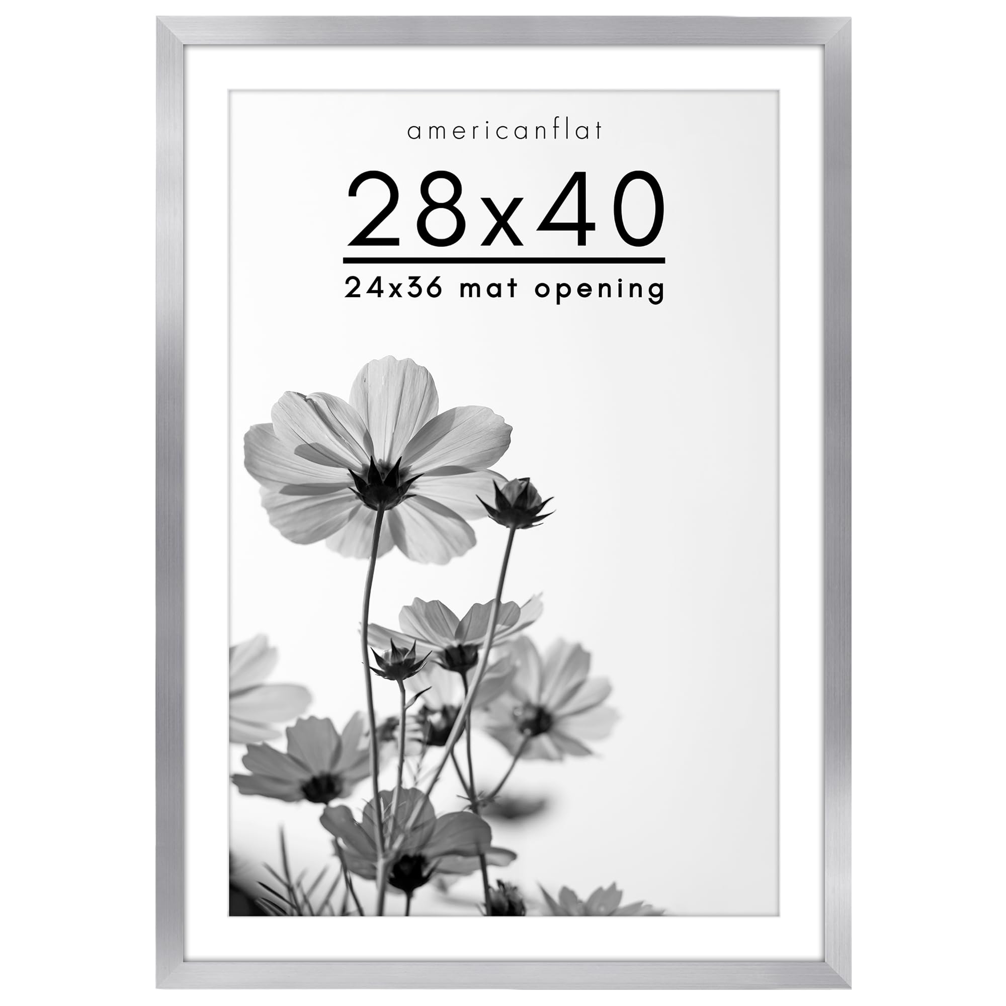 Americanflat 28x40 Picture Frame in Silver - Use as 24x36 Picture Frame with Mat or 28x40 Frame Without Mat - Wide Engineered Wood Frame, Plexiglass Cover, and Hanging Hardware for Wall