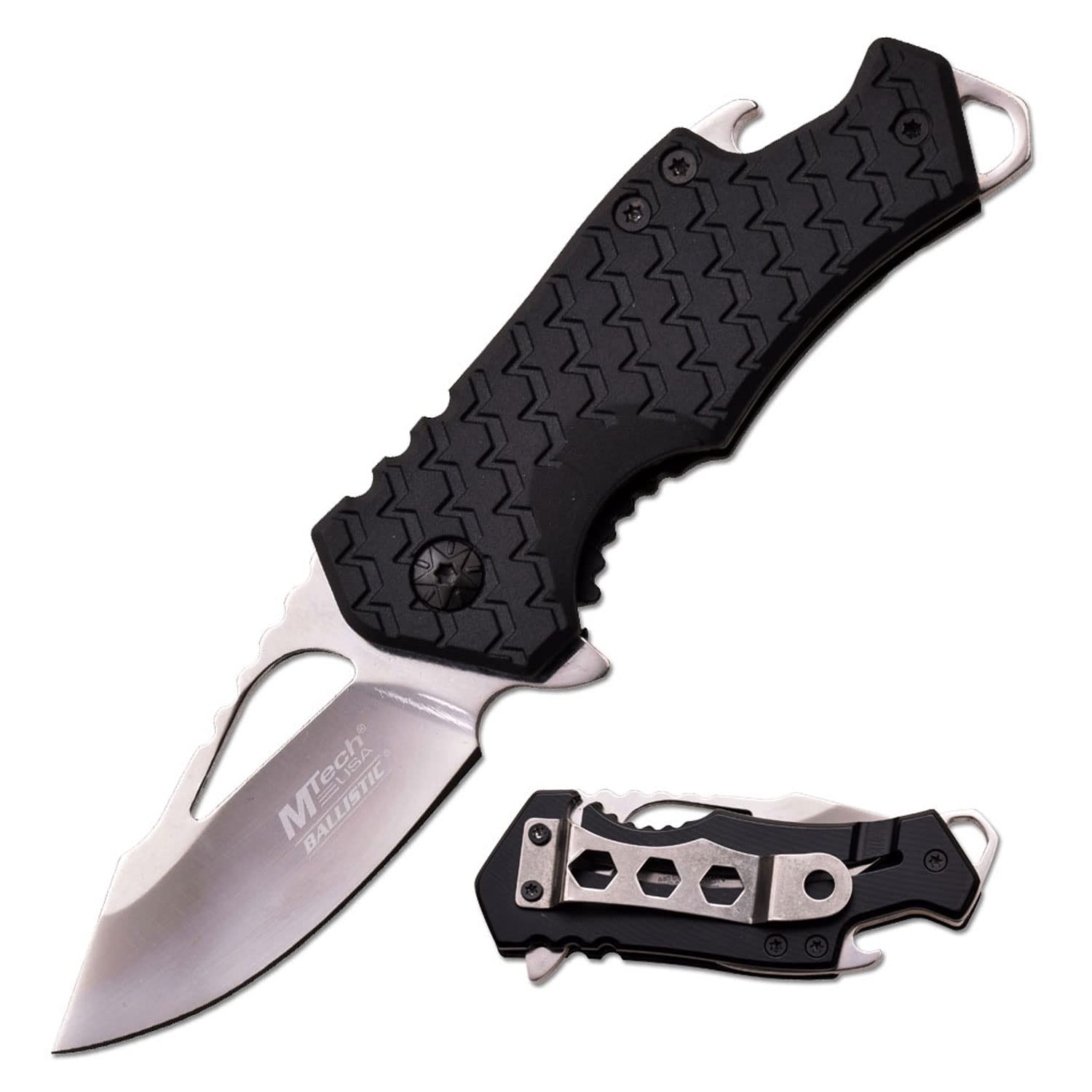 mtech usa  pocket folding knife  fine edge steel blade aluminumnylon fiber handle bottle opener and pocket clip tactical edc self defense- mt-a882