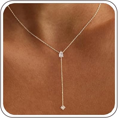 Gold Necklace for Women - Dainty Long Lariat Necklace 14K Gold Plated Clover Star Teardrop CZ Y Shaped Drop Necklaces Cute Long Necklaces for Women Trendy Prom Formal Womens Jewelry