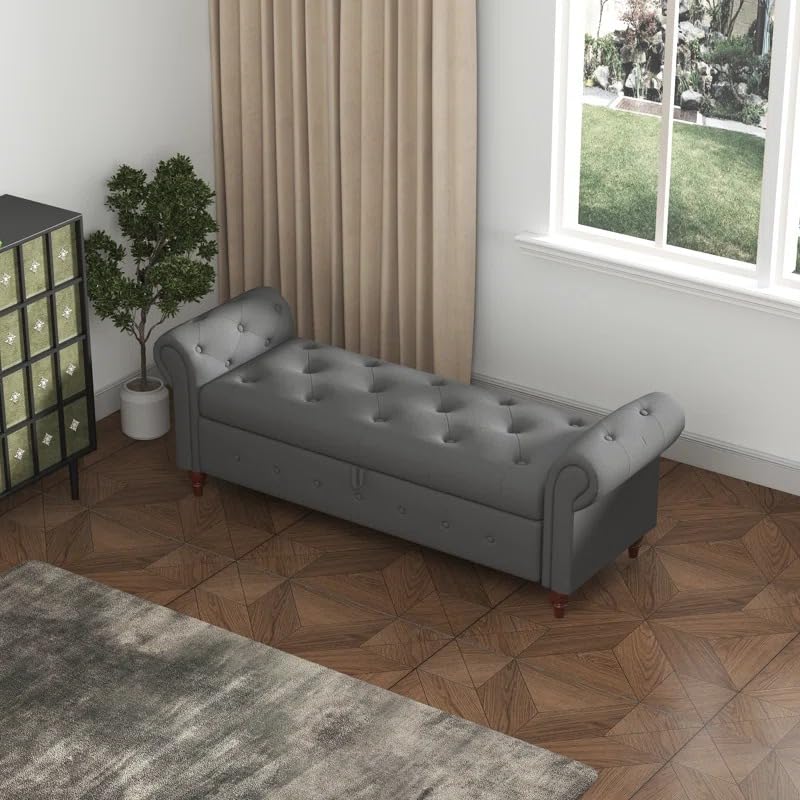 Image of LEGACY OF COMFORT F4 Velvet Upholstered Storage Bench Sofa Bench Sofa couches Rolled Arm Window Bench Ottoman Bench 2 Seater Sofa Chaise Lounger or Living Room Bedroom Office (Grey Velvet)