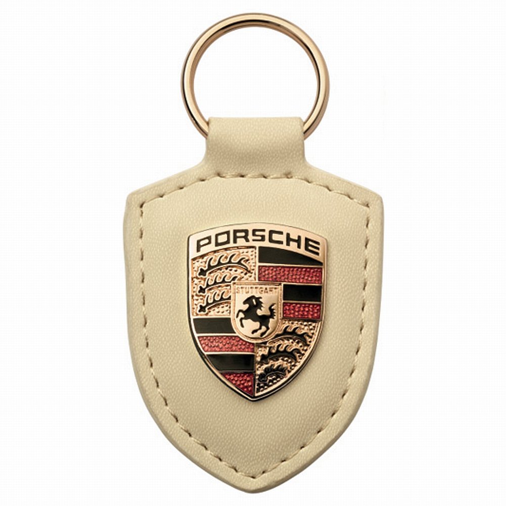Porsche Key Fob, Off White Leather with Metal Colour Crest, Silver Presentation Box