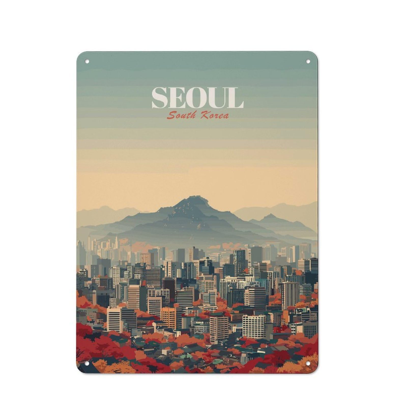 Junmoney Style-24 Seoul South Korea Cityscape Printed Metal Sign 40X30cm For Workshop Wall, Suited To Metal Sign Collectors, For Retro Home Interiors