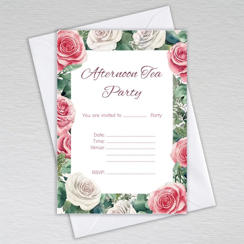 Webspectations Afternoon Tea Party Invitations with Envelopes: Pink Rose Afternoon Tea Party Invites (Pack of 20 with Envelopes)