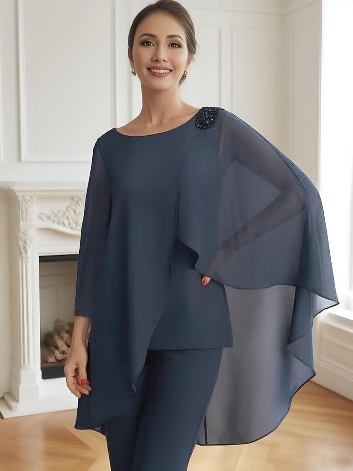 2 Pcs Mother of The Bride Pant Suits for Women Dressy - Chiffon Long Cape Sleeve Beaded Sequin Formal Party Prom Outfit