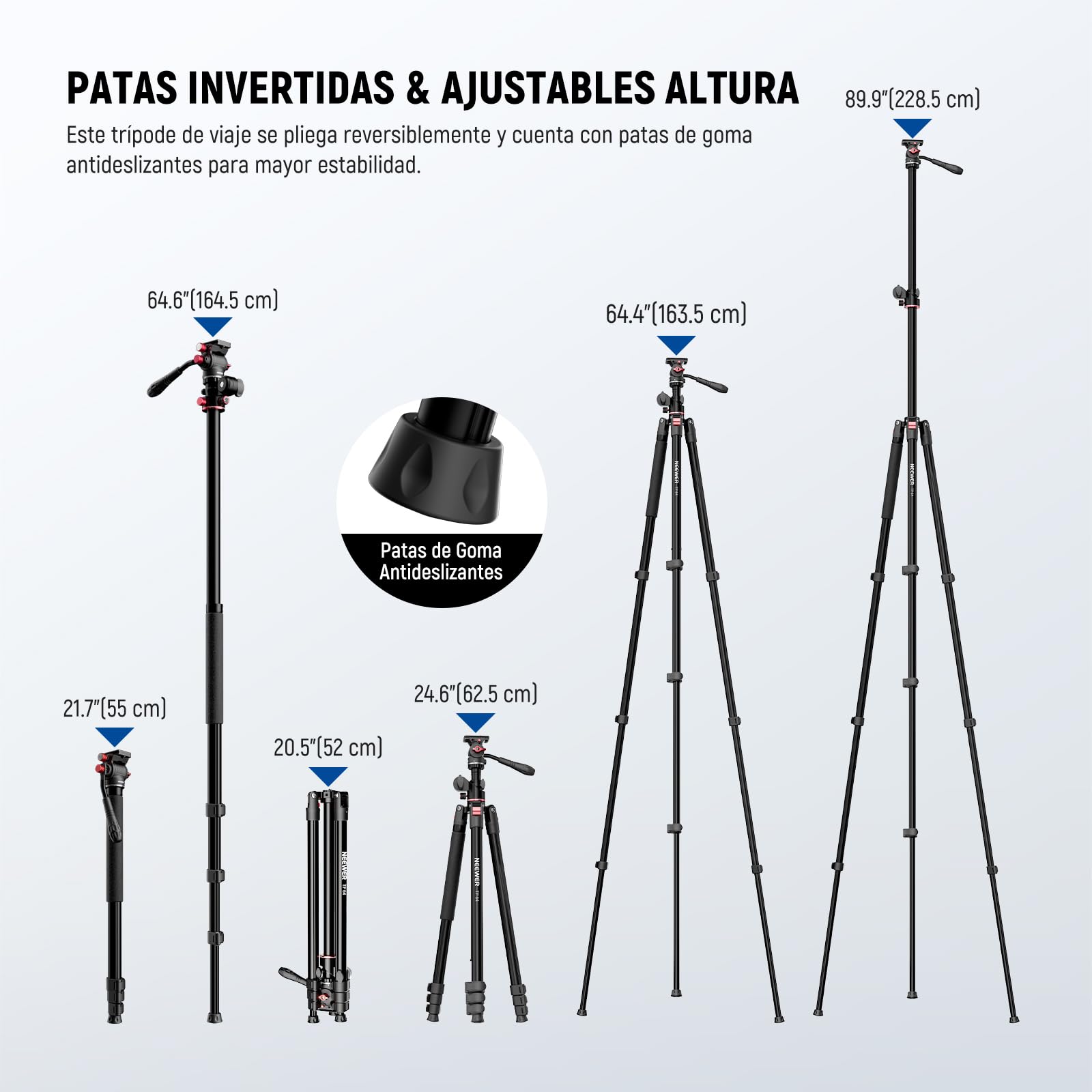 NEEWER Overhead Trípode Monopié Horizontal Cámara con Cabeza Fluida & Columna Central Flexible, 90 Inch Metálico DSLR Video Soporte Viaje, Placa QR Arca & Patas Invertidas, Carga Máxima 13,2lbs, TP64