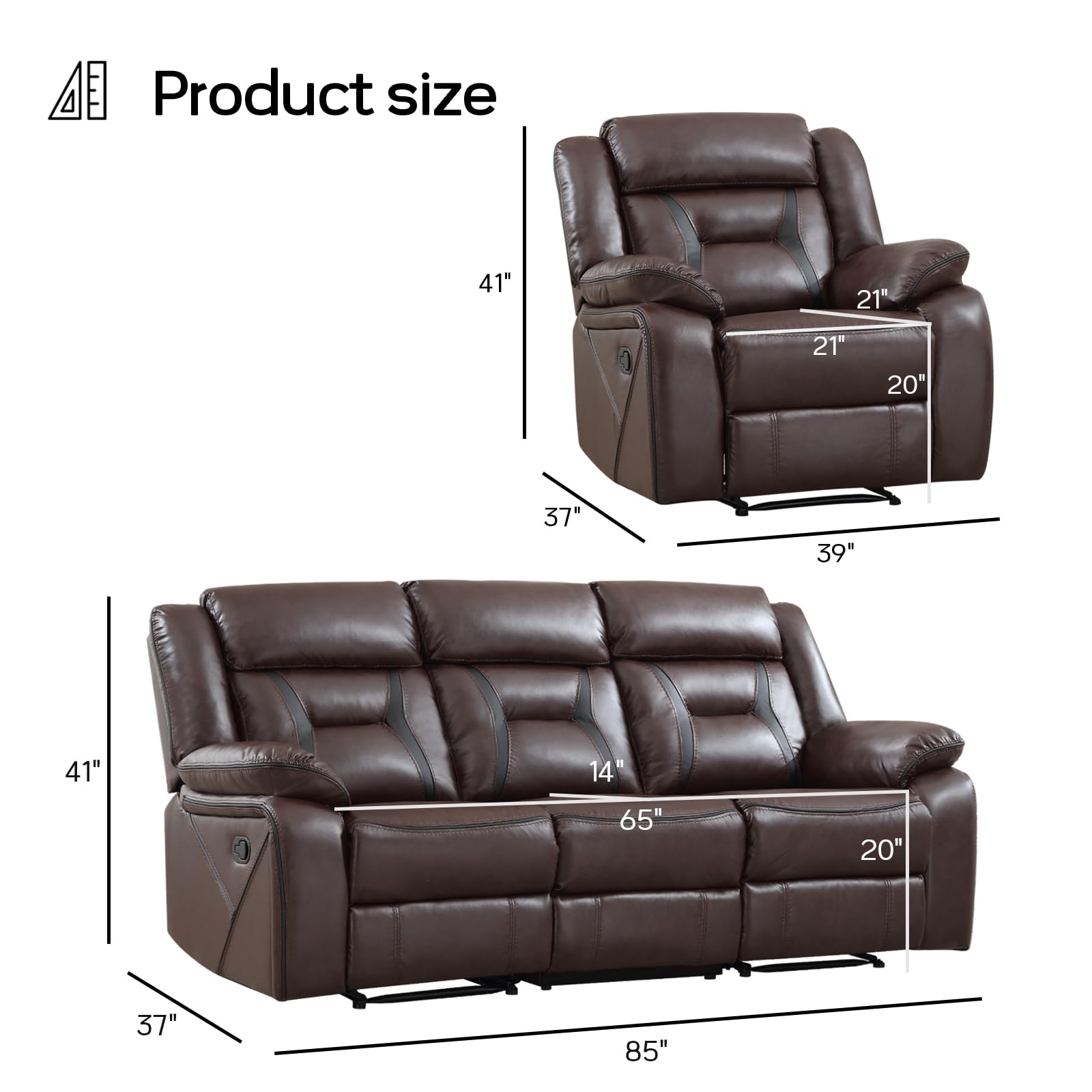 EBELLO Manual Recliner Sofa Set, Faux Leather Reclining Living Room Furniture Set, Included Recliner Chair and 3 Seat Manual Sofa, Dark Brown view 2