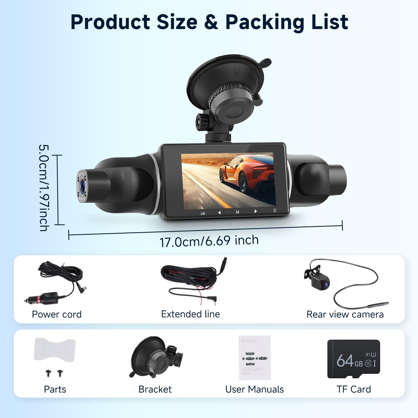 4 Telecamera HD 1080P Dash Cam per auto Podofo Display da 3 pollici Videoregistratore digitale con telecamera posteriore, controllo APP WIFI +scheda da 64 GB, sensore G, visione notturna