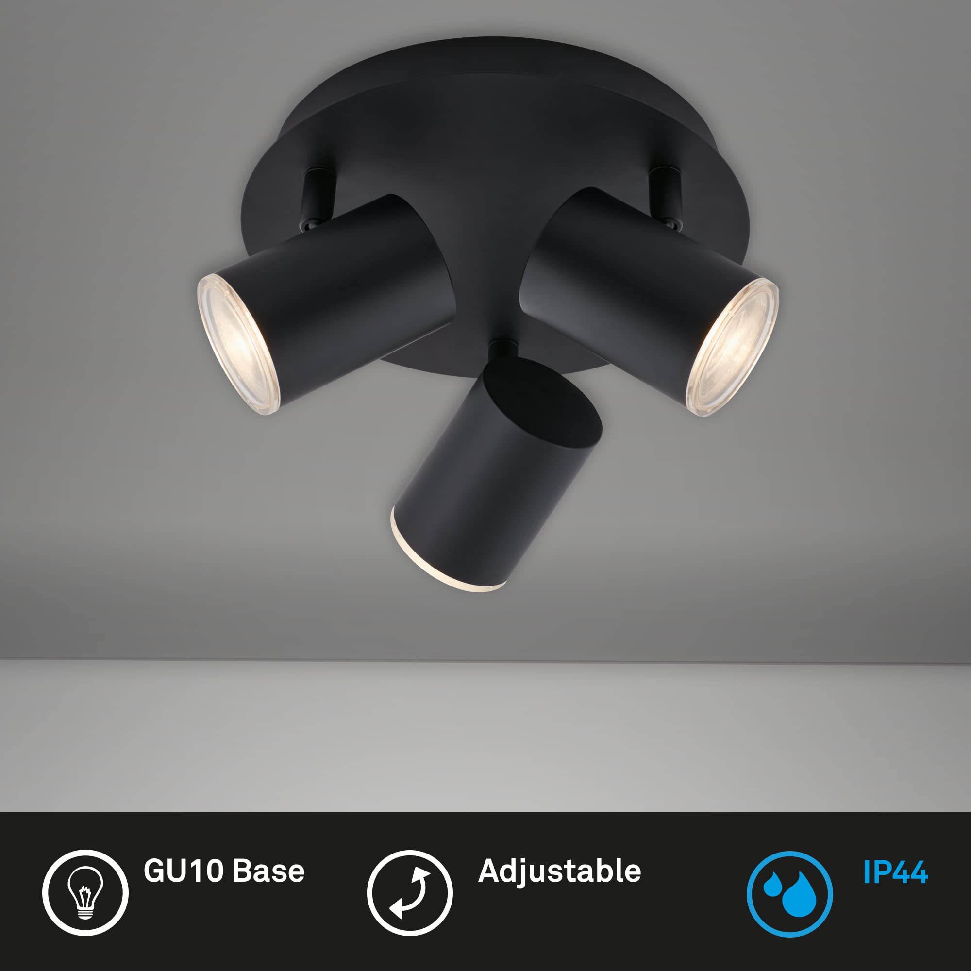 BRILONER - Spot de plafond, applique de salle de bains, lampe de salle de bains, plafonnier orientable, 3x LED/GU10, IP44, noir, 210x112mm (DxH)