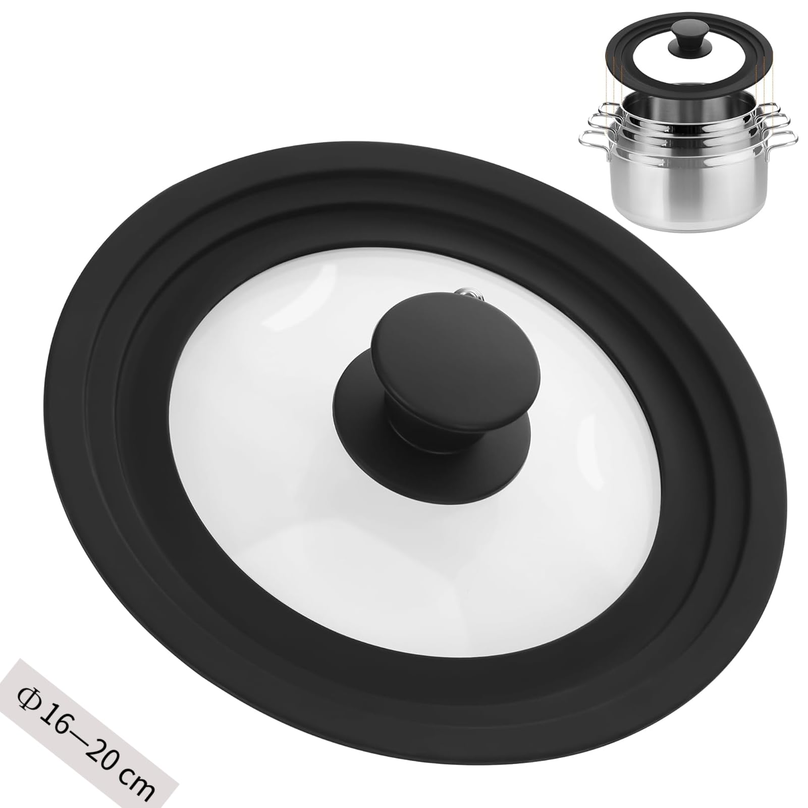 Universal Lid for Pots, Pans and Skillets, Silicone Lid for Frying Pans Fits 16/18/20cm Diameter Cookware, Tempered Glass with Heat Resistant Silicone Rim (Black)