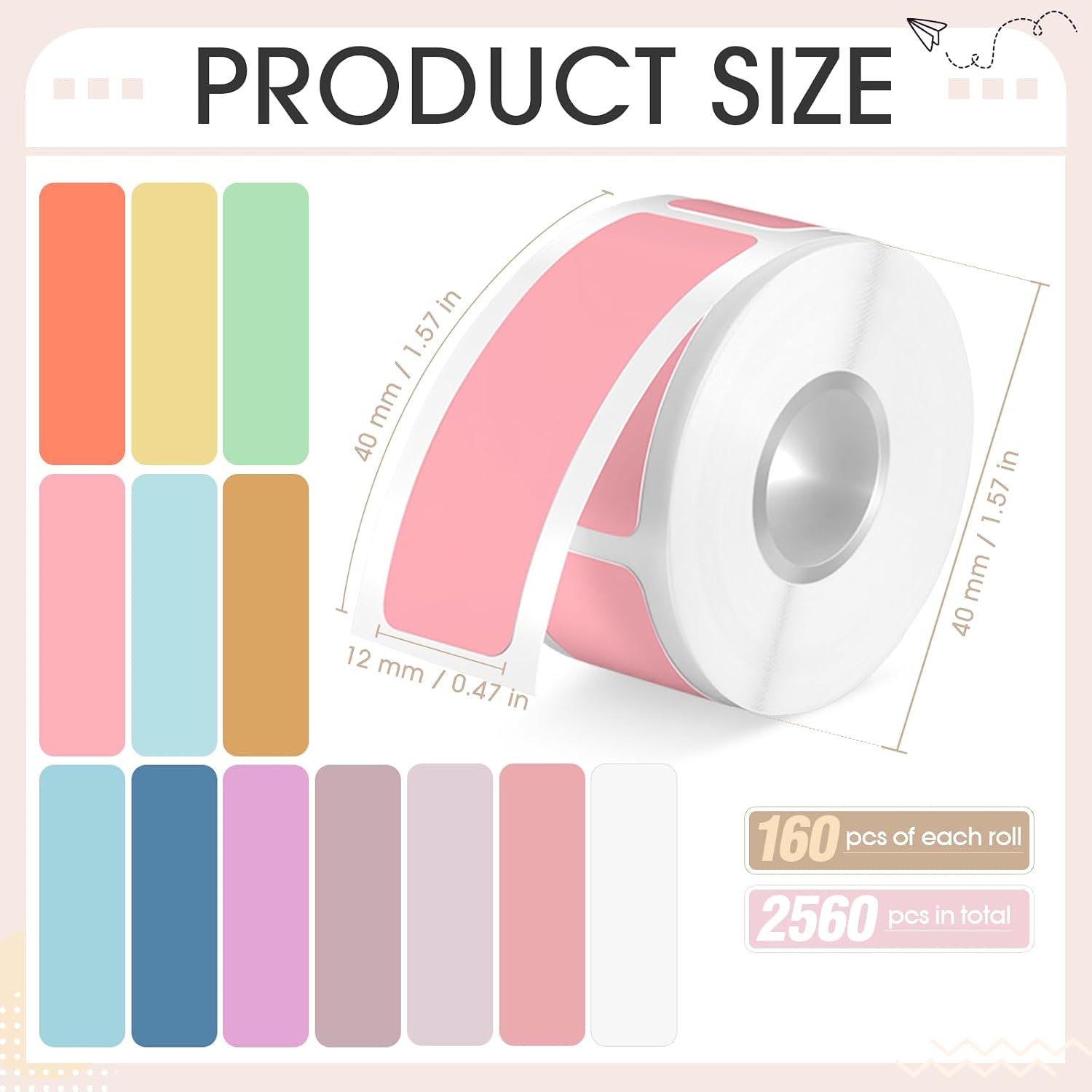 2560 Pcs Colored Label Tape Compatible with D30 Tape Adapted Label Print Paper Thermal Sticker Paper 12mm x 40mm (0.47 x 1.57 Inches) 160 Tapes/roll for Home Office(Bright Colors) image 2