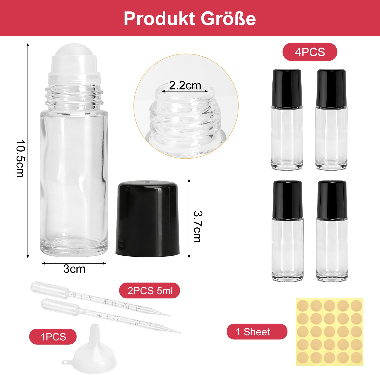 4 Pezzi 30ml Flaconi Roll on Vuoti in Vetro – Flaconi Roll on per Oli Essenziali con Sfera, Ricaricabili, con Contagocce, Imbuto e Adesivi per Aromaterapia e Profumi