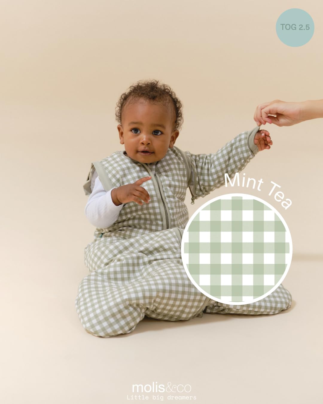 molis&co - Sacco nanna maniche staccabili per Neonati e Bambini - Sacchi Nanna 2.5 tog - 100% Cotone (Oeko-TEX 100) - Mint Tea (12 a 18 mesi)