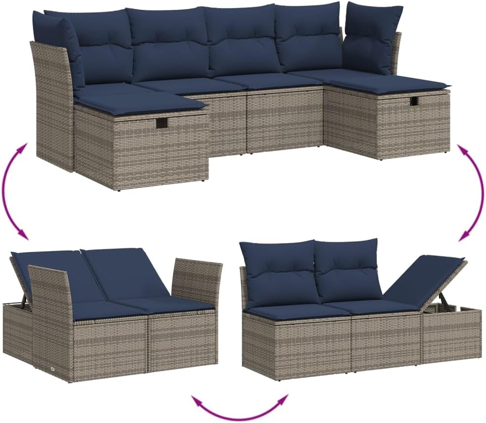 6 Piece Patio Sofa Set with Cushions Gray Poly Rattan Poolside Furniture Set Garden Seating Ensemble for Pond Deck