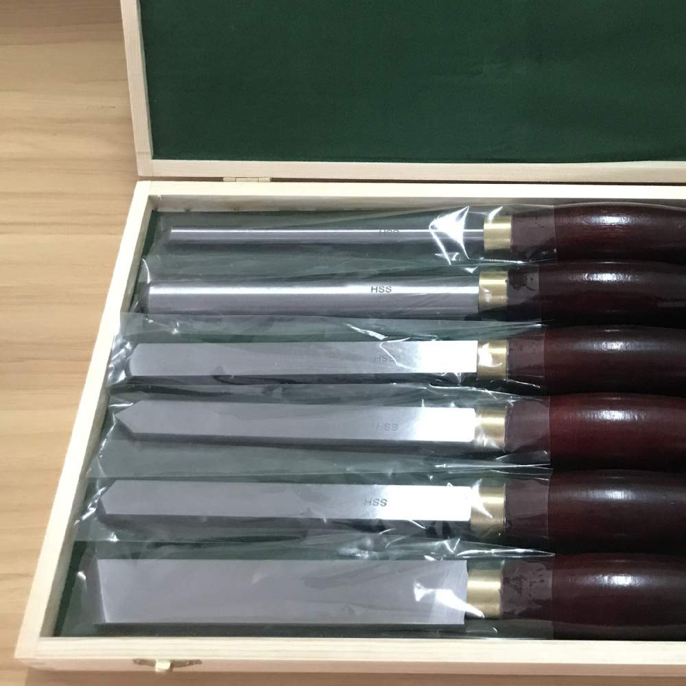 Set di scalpelli per tornio, 6 pezzi Utensili per tornitura del legno Set per lavorazione del legno con lama in acciaio ad alta velocità Manici in legno duro con ghiere in ottone