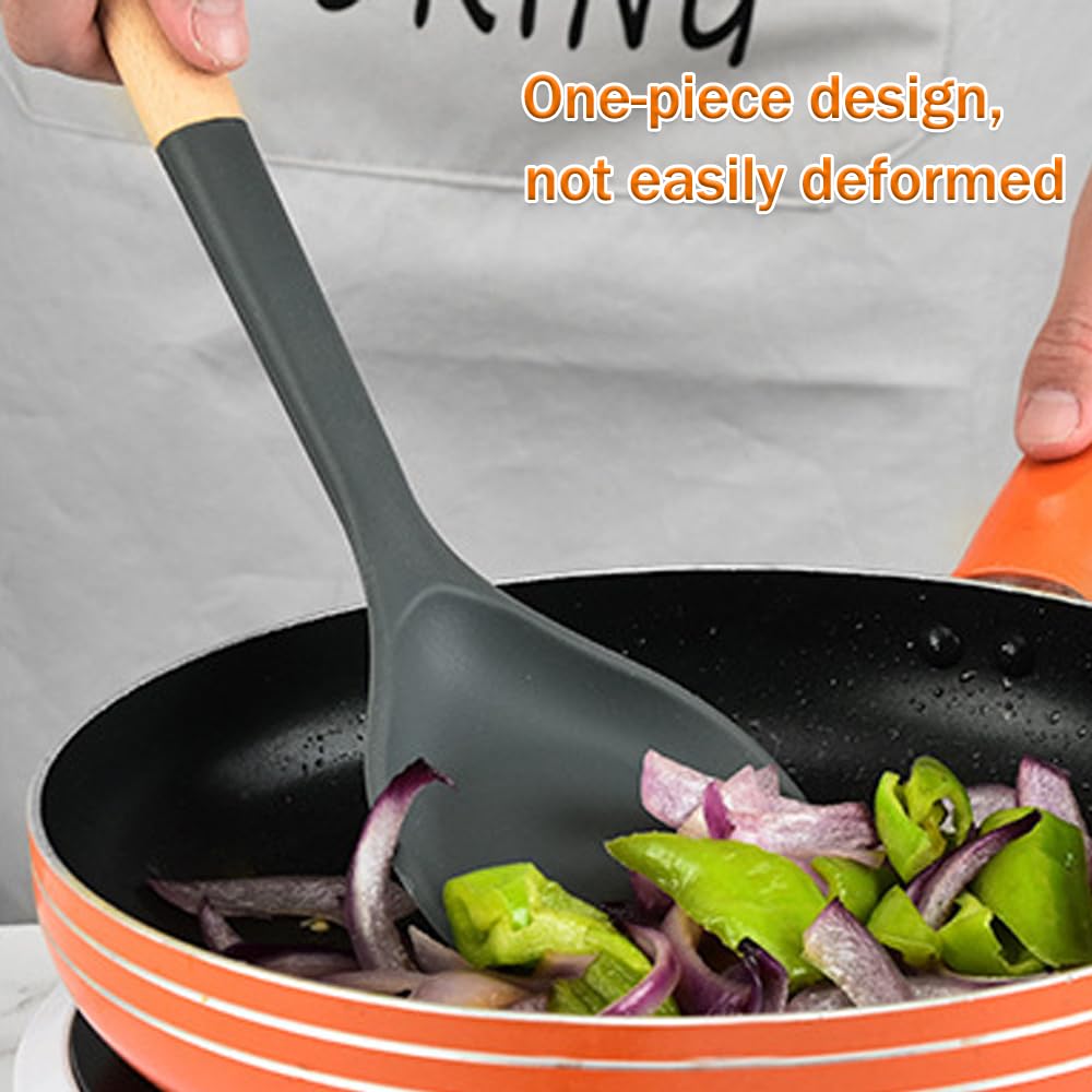 Espátula de wok, espátula de silicona con mango de madera resistente al calor, utensilios de cocina, cuchara para recoger, voltear, agitar, cocinar antiadherente duradero sin BPA, 13.2 pulgadas