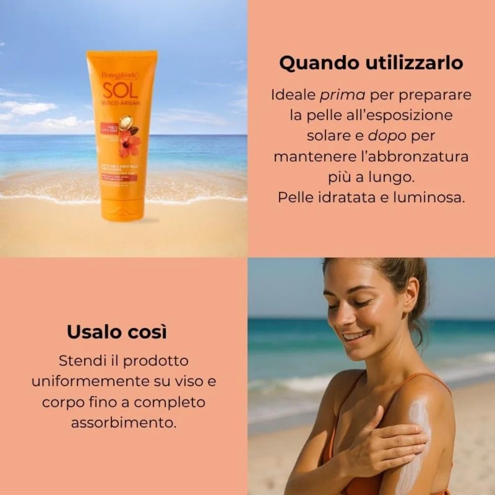 Bottega Verde - SOL Ibisco Argan, Latte Presole e Doposole Viso e Corpo, 200ml, Idrata e Prolunga l'Abbronzatura, Senza Filtri Solari