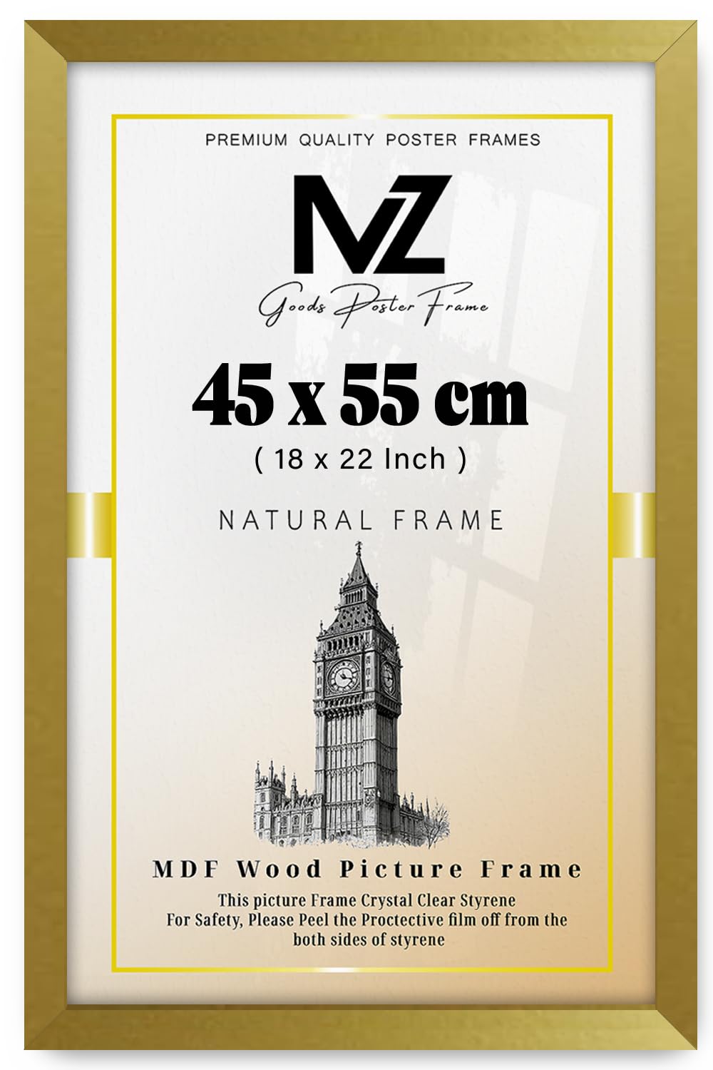 MZ GOODS | MDF Poster Frame (45 x 55 CM) 45 x 55 cm for Custom Artwork, Handmade Drawings & Photography, MDF Wood Finish, Secure Hanging Hooks [ Gold ]