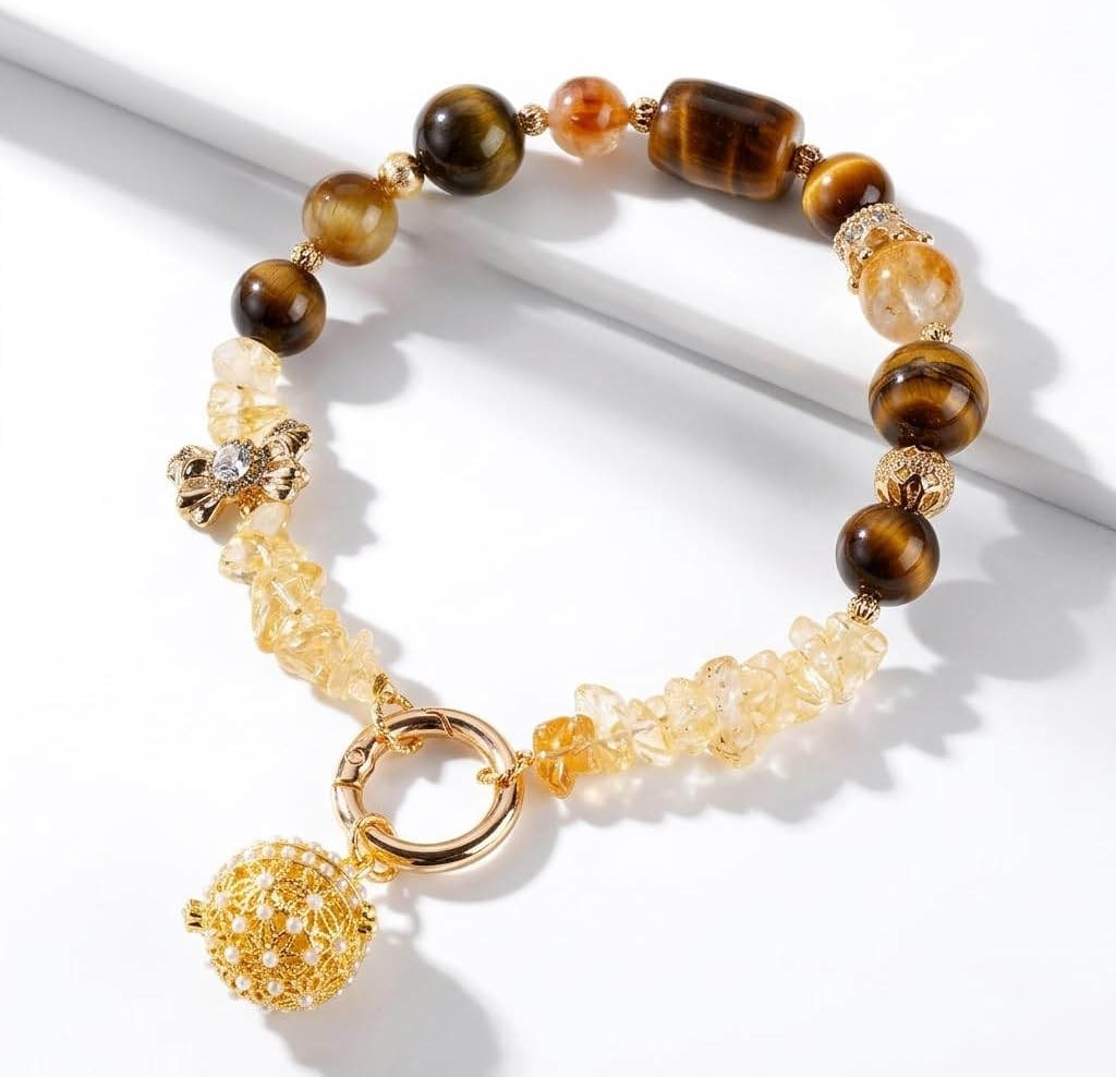 Bloomish Natural Colorful Rutilated Quartz Phone Charm - Handmade Crystal Bead Phone Strap with Gold Sand Accent, Anti-Loss Wrist Lanyard for Women, Elegant Mobile, Purse, Bag Accessory Gift