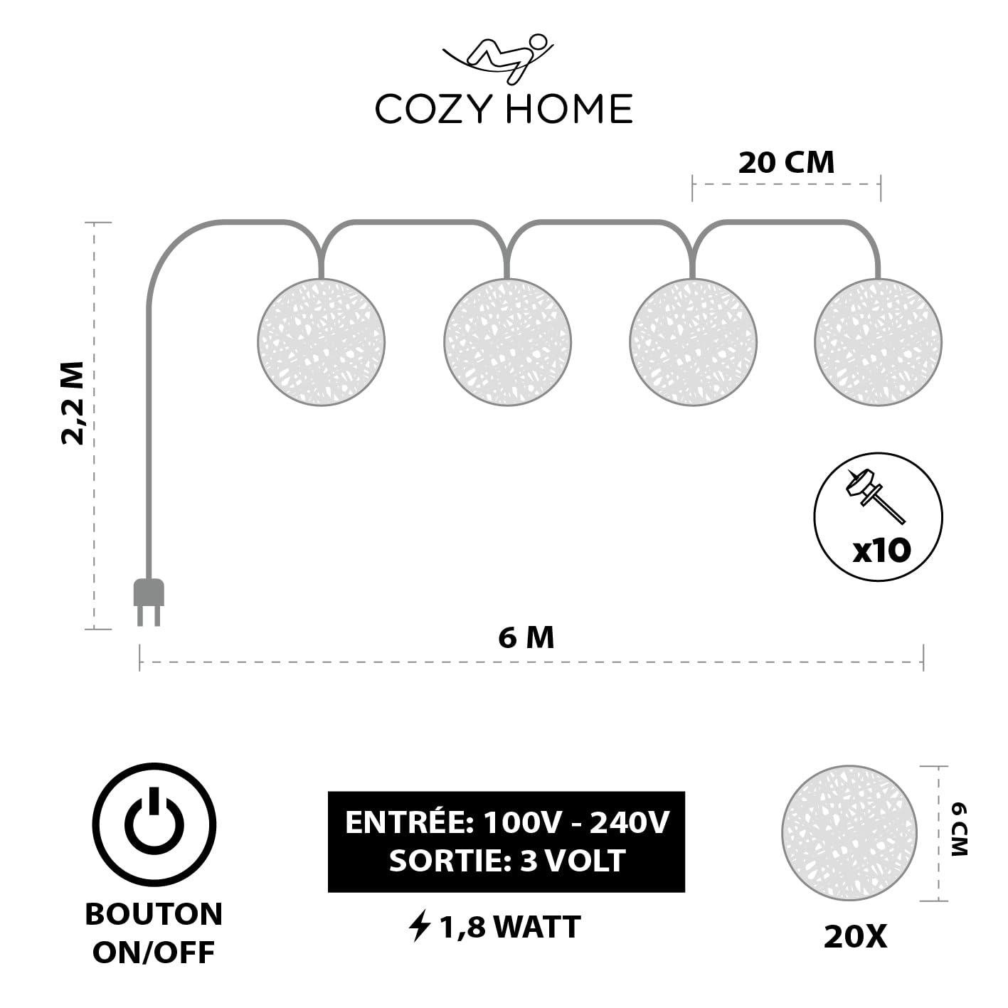 CozyHome Blanc guirlande lumineus boule coton - 20 LED & 6m Blanc chaud I Avec fiche I Guirlandes lumineuses chambre Fairy lights intérieur I Led decoration Girlande interieur Fil lumineux d'intérieur