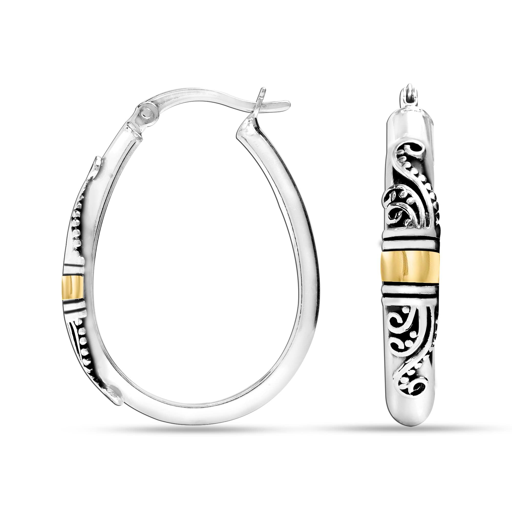 925 Sterling Silver Bali-Style Hoop Earrings Lightweight Click-Top Antique Two-Tone Beaded Italian Bali Style Earring Hoops for Women
