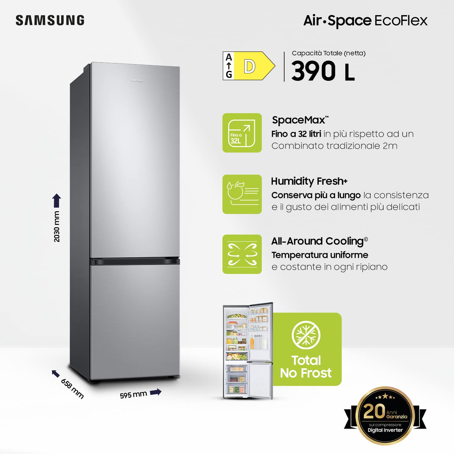 Samsung Frigorifero Combinato Ecoflex RB38T600DSA/EF, Libera installazione, No Frost, SpaceMax, 390L, 59.5l x 203h x 66p cm