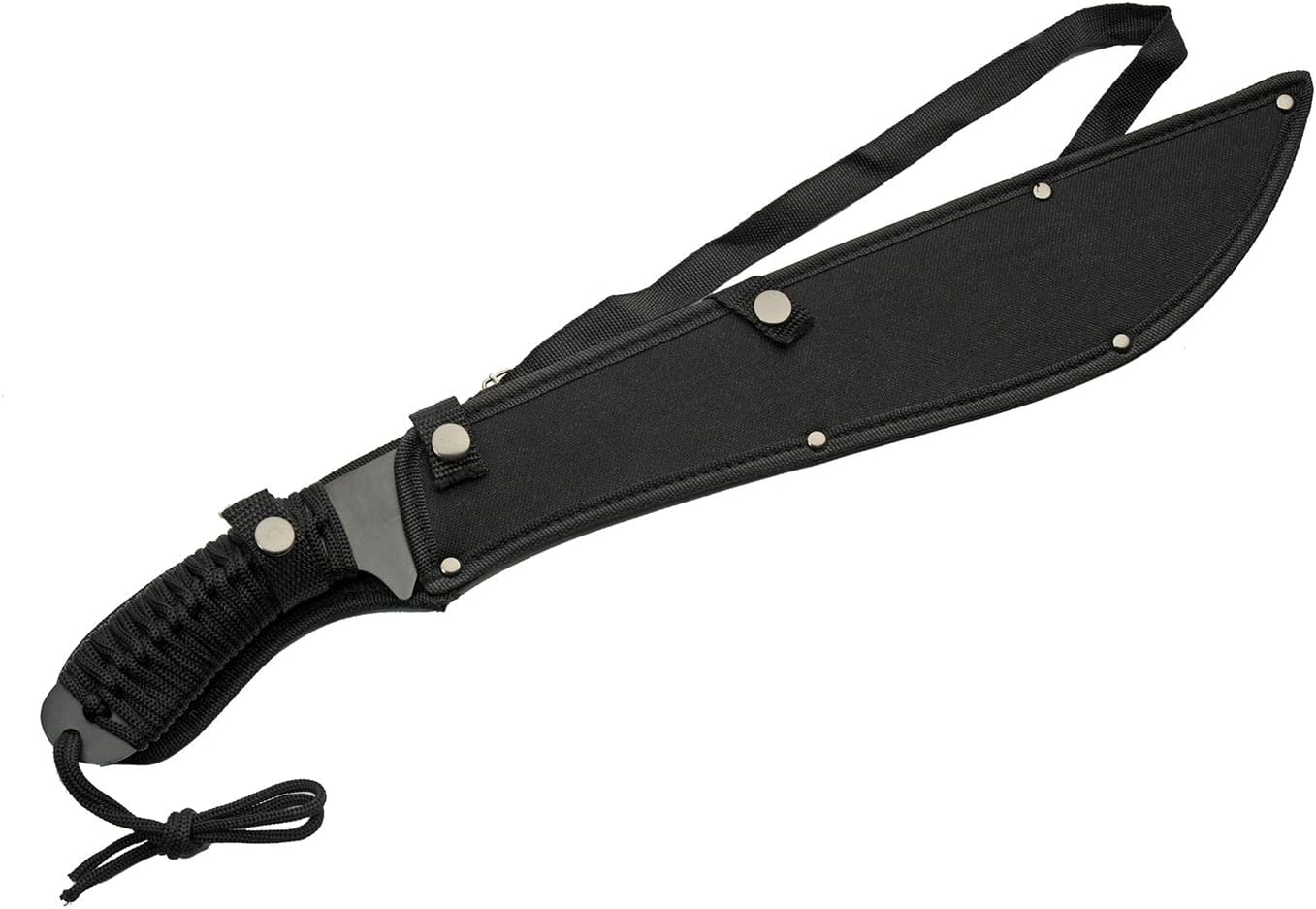 21" Bushweed Hunting Camping EDC Machete Long Knife Curved Sawback Black Full Tang Stainless Steel Blade Cord Wrapped Handle with Black Nylon Sheath