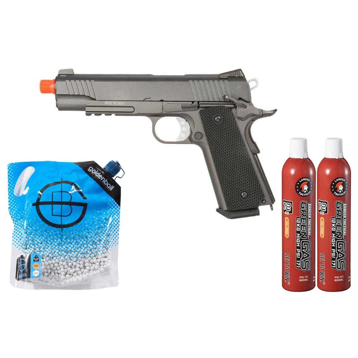 Goldenball X Well Airsoft GX 194 Pistol Gas Blowback GBB Full Metal with Two Pack of Green Gas &amp; BBS - Black