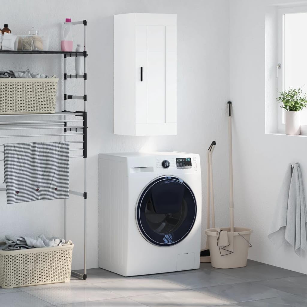 Armadietto a Muro Bianco in Legno Multistrato 34,5x34x90 cm con Anta e 3 Scomparti, Mobile da Parete Elegante e Robusto per Soggiorno Camera da Letto, Design Compatto