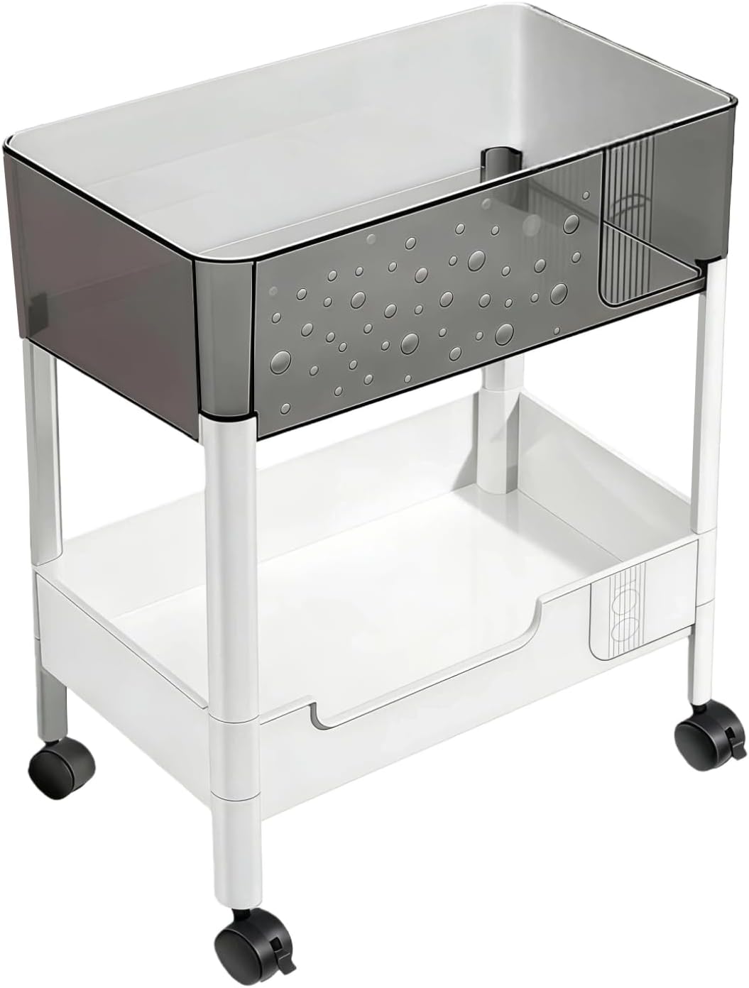 2 Tier Rolling Cart with Wheels for Under Desk Storage, Heavy Duty Plastic Short Small Utility Cart for Small Space Makeup Vanity Bathroom Laundry, 4.7'' Deep Baskets for Tall Bottles