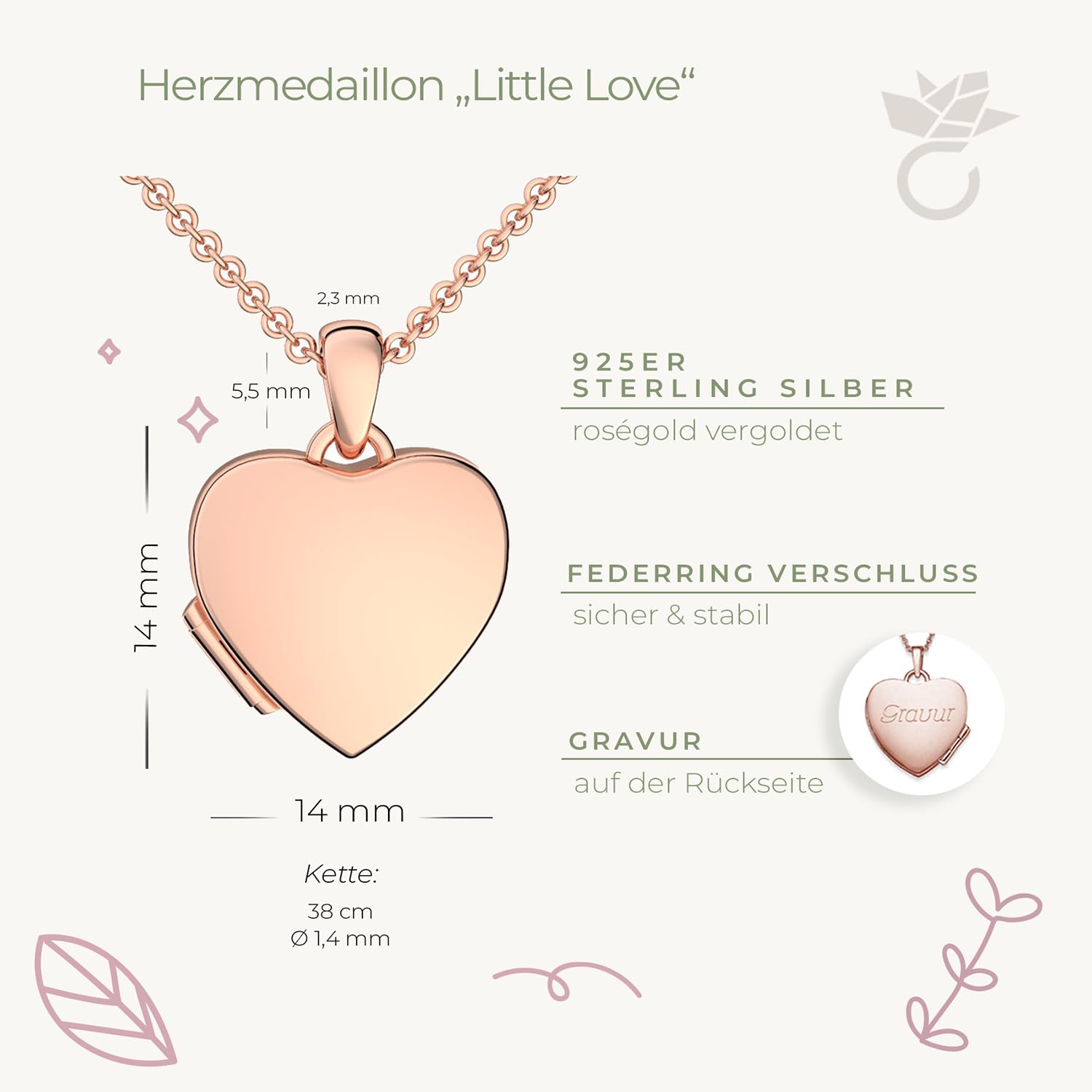 Kette Mädchen Kommunion Geschenk, Kinder Medaillon Herz zum Öffnen mit Bild | Silber 925 und Gold / Rosegold, Halskette 38cm, Foto Service & Gravur Symbol Name personalisiert
