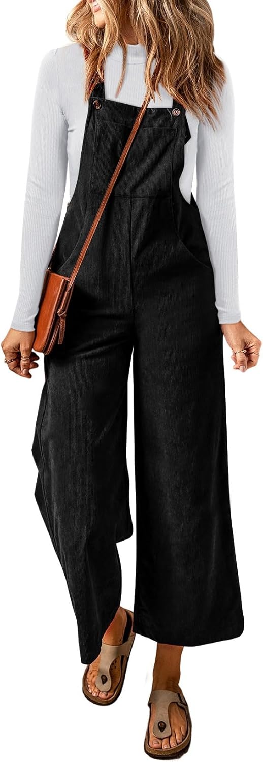 Happy Sailed Women Corduroy Overalls Winter Fall Casual Loose Sleeveless Adjustable Strap Wide Leg Jumpsuits with Pockets