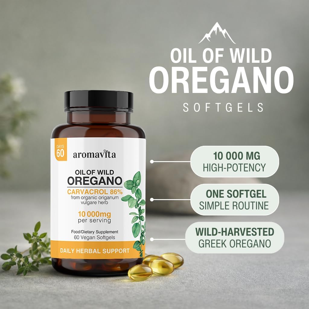 Vegan Wild Oregano Oil Organic Capsules, 86-90% Carvacrol - Immune and Digestive Support, Natural Antioxidant, Vegan, Non GMO,Herbal Supplement - 60 Capsules (60 softgels/1 pakg)