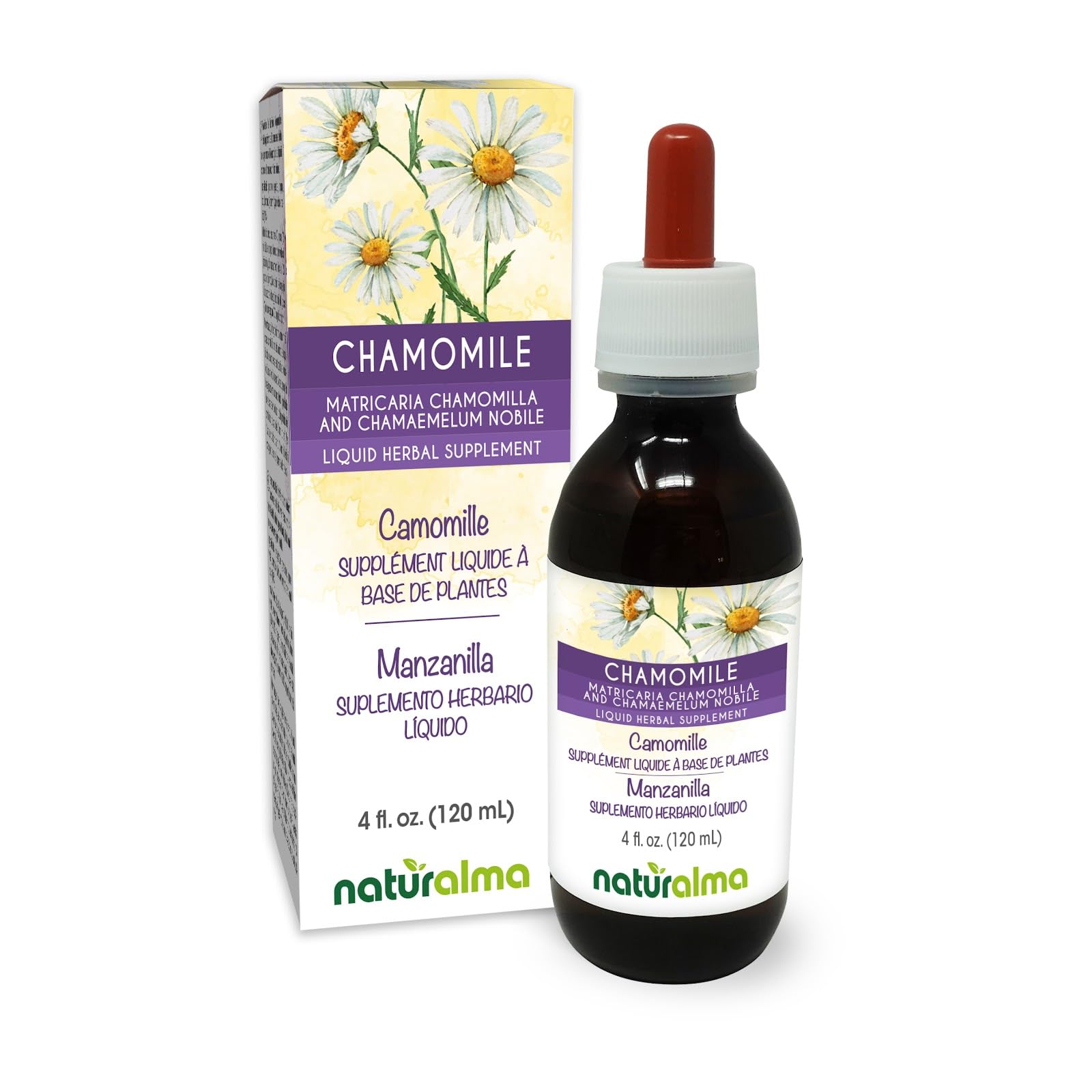 Naturalma German and Roman Chamomile (Matricaria chamomilla and Chamaemelum nobile) Flower Alcohol-Free Tincture - 4 fl oz Liquid Extract in Drops - Herbal Supplement - Vegan 4 Fl Oz (Pack of 1)