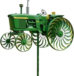 Garden Wind Spinner, Green Tractor Windmill Stake with Rotating Wheels for Patio Yard Garden, Unique Outdoor Sculptures Ornament Gift for Friends Family (Tractor)