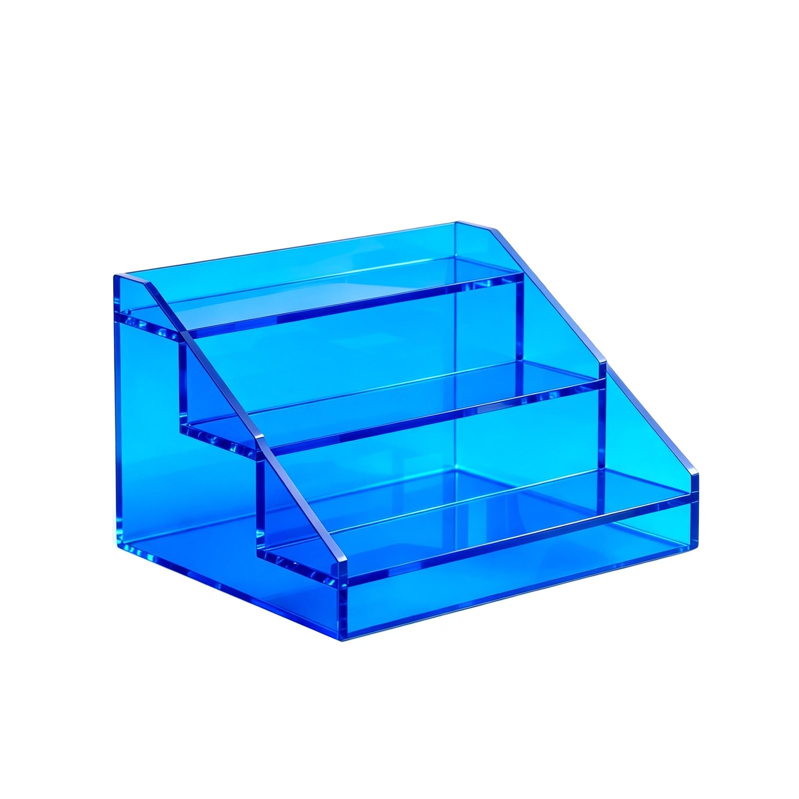 LYFHYSDSP 3 Tier Slanted Acrylic Display Stand, Clear Tiered Countertop Organizer, Scratch Impact Resistant Stable Display Holder for Coffee Bar Kitchen Tea Room Retail(Blue,30cm/11.8in)