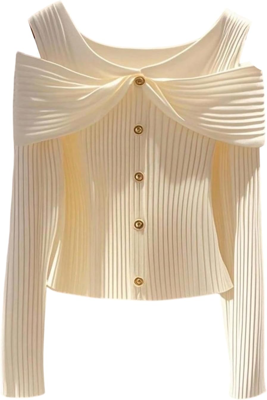 GORGLITTER Women's Old Money Top Cold Shoulder Metallic Button Shirt Long Sleeve Ribbed Knit Spring Trendy Tee Tops