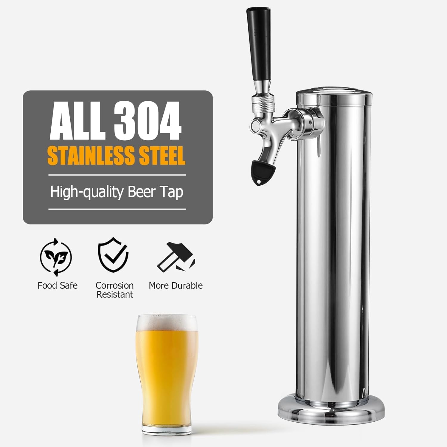 All Stainless Steel Single Beer Tap Tower Draft Beer Tower Kegerator Tower Keg Tower Kegerator Parts Kegerator Kit Beer Tap Faucet Pre-assembled Beer Line 3" Beer Tower Dispenser
