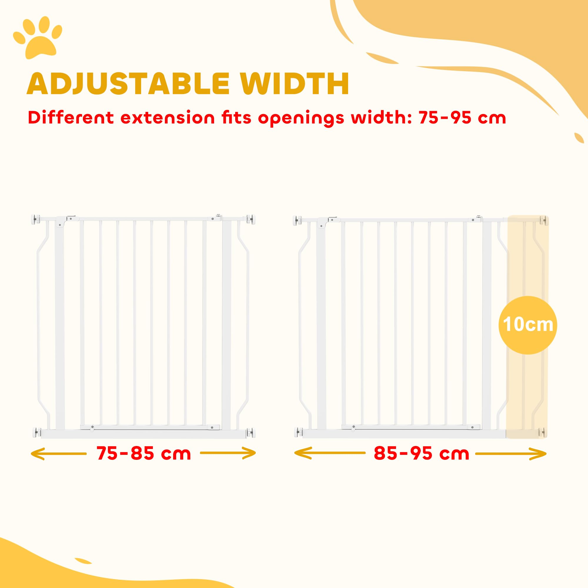 PawHut Dog Gate Wide Stair Gate w/ Door Pressure Fit Pets Barrier for Doorway Hallway, 76H x 75-95W cm - White - Image 4