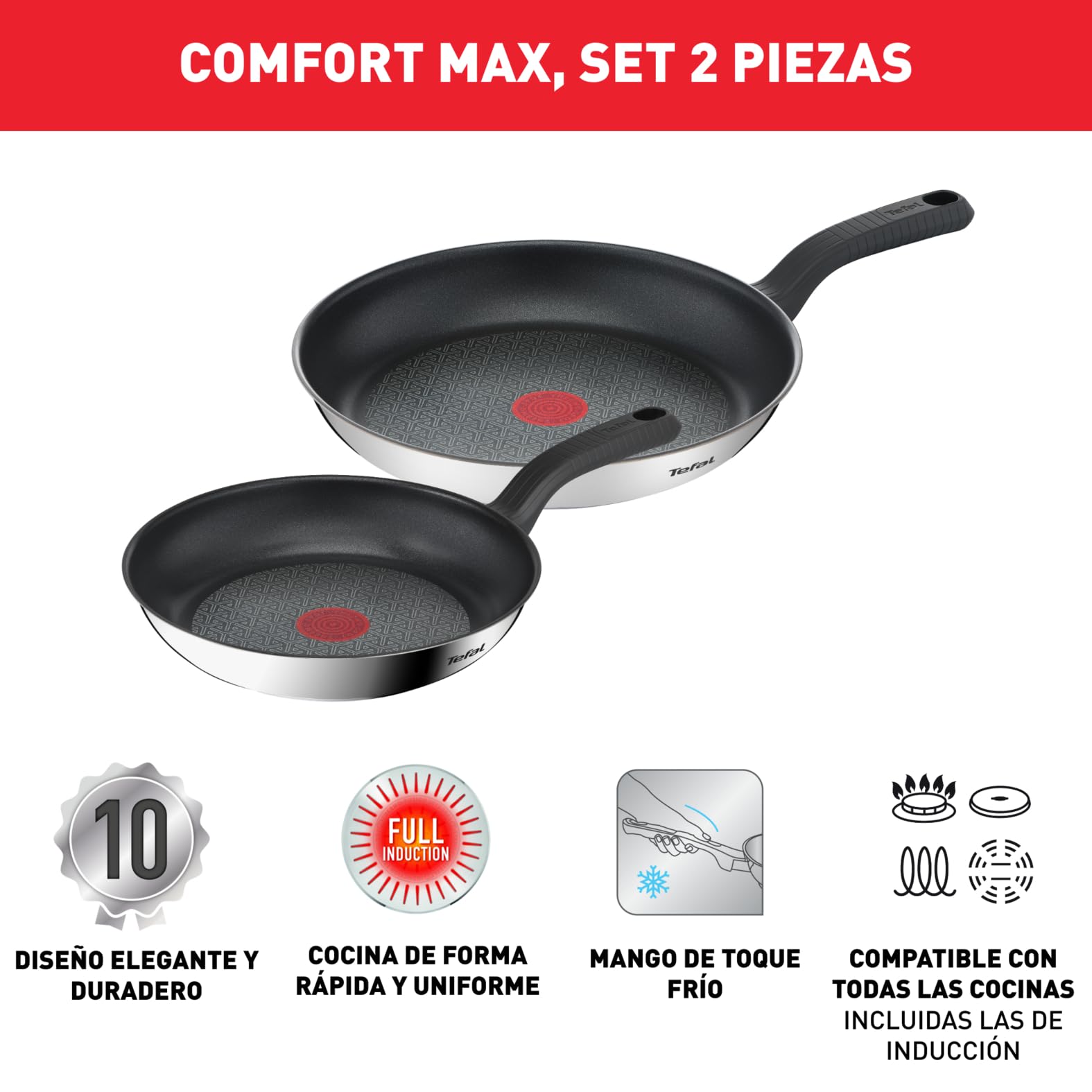 Tefal Comfort Max - Juego de 3 Sartenes de 20/24/28 cm, Apto inducción, antiadherente, revestimiento titanio, Thermo-signal, apto lavavajillas y horno, acero inoxidable — view 2