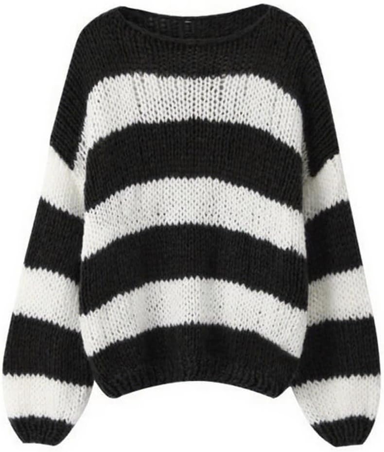 Pinclodly Oversized Sweaters for Women Color Block Striped Sweaters Y2K Crewneck Long Sleeve Knit Sweater